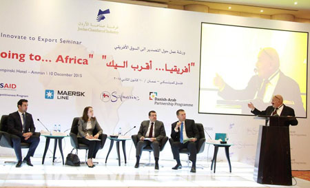 Minister of Industry, Trade and Supply Maha Ali (2nd from left) and Minister of Transport Ayman Hatahet (3rd from left) participate in a workshop on the African market on Thursday (Photo courtesy of Jordan Competitiveness Programme)